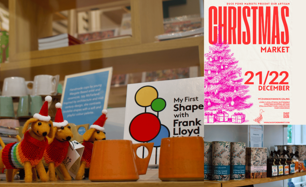 A Christmas market display featuring festive dog toys, mugs, and a bright poster advertising the ‘Duck Pond Christmas Market’ on December 21-22.